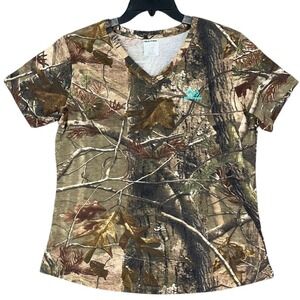 Realtree Shirt Womens XL Camo V Neck Hunting Basic Top Short-Sleeve Casual
